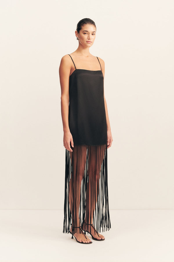 MORAYA SQUARE NECK FRINGE MAXI DRESS - BLACK