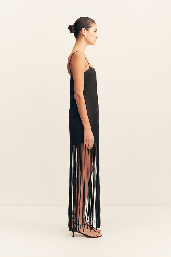 MORAYA SQUARE NECK FRINGE MAXI DRESS - BLACK