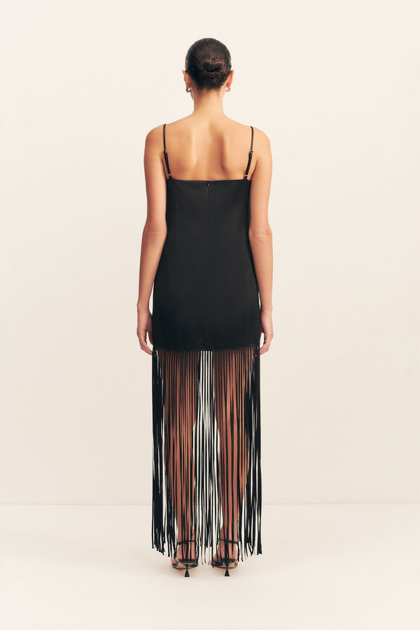 MORAYA SQUARE NECK FRINGE MAXI DRESS - BLACK