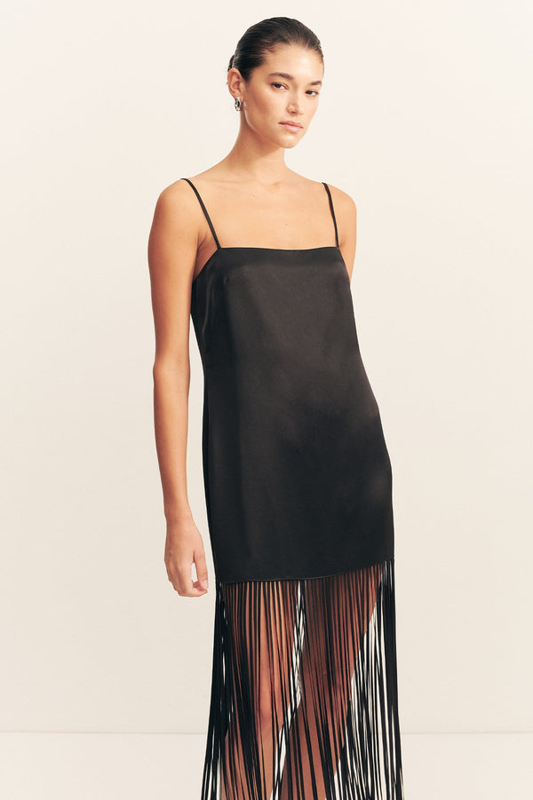 MORAYA SQUARE NECK FRINGE MAXI DRESS - BLACK