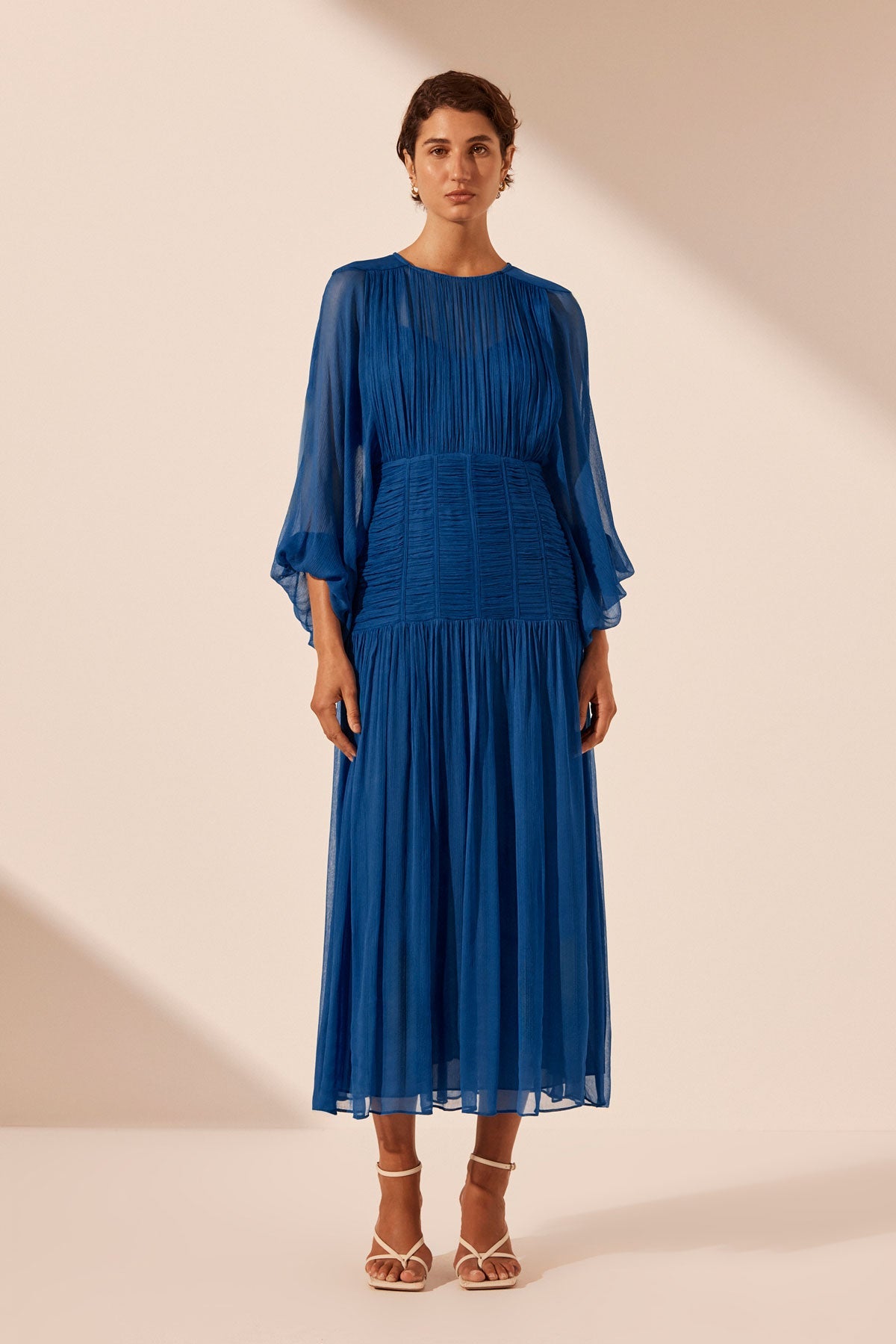 Maya Ruched Panelled Midi Dress | Strong Blue | Dresses | Shona Joy ...