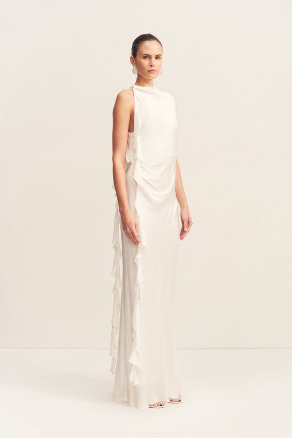 AGNES DRAPED RUFFLE MAXI DRESS - IVORY