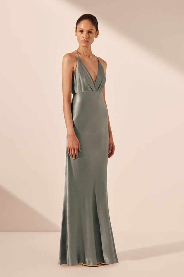 LA LUNE PLUNGED OPEN BACK HALTER MAXI DRESS - SAGE_A