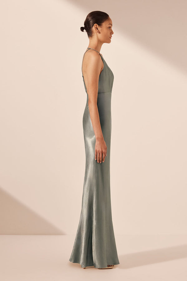 LA LUNE PLUNGED OPEN BACK HALTER MAXI DRESS - SAGE_S
