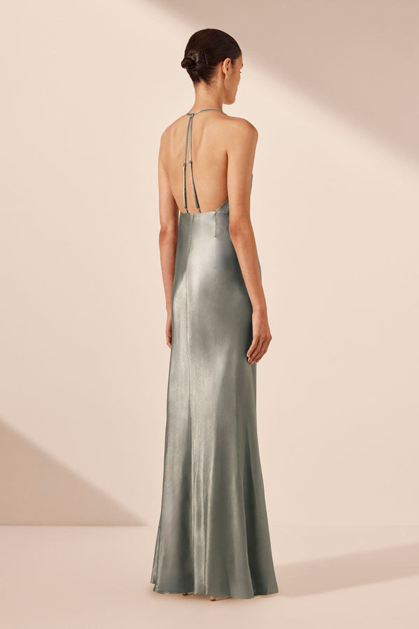 LA LUNE PLUNGED OPEN BACK HALTER MAXI DRESS - SAGE_B