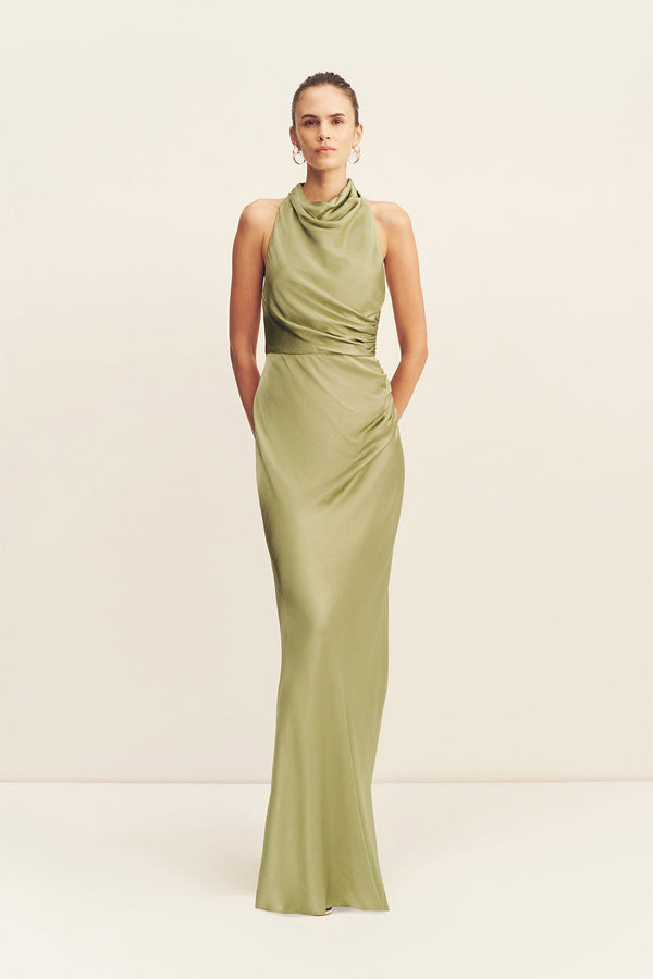 LA LUNE HIGH NECK GATHERED MAXI DRESS - FERN