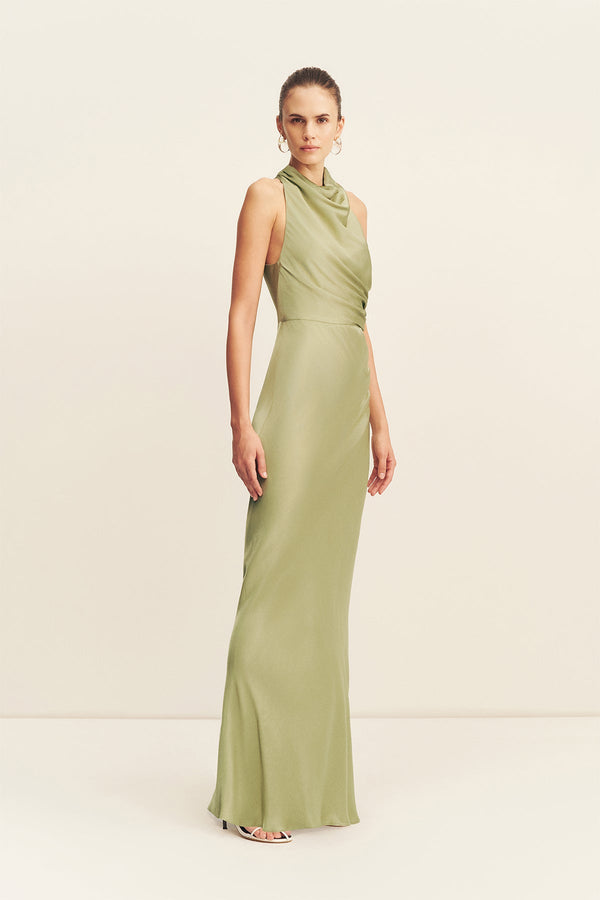 LA LUNE HIGH NECK GATHERED MAXI DRESS - FERN