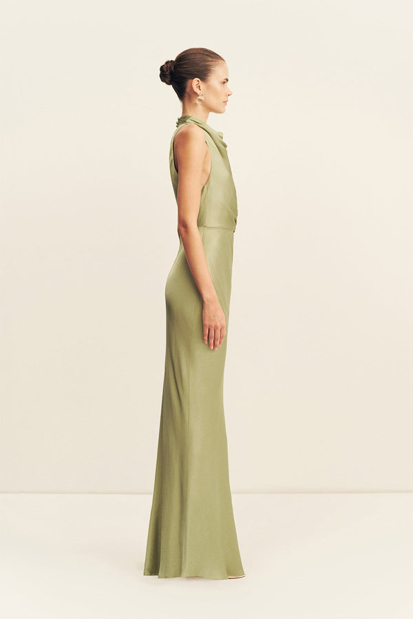 LA LUNE HIGH NECK GATHERED MAXI DRESS - FERN