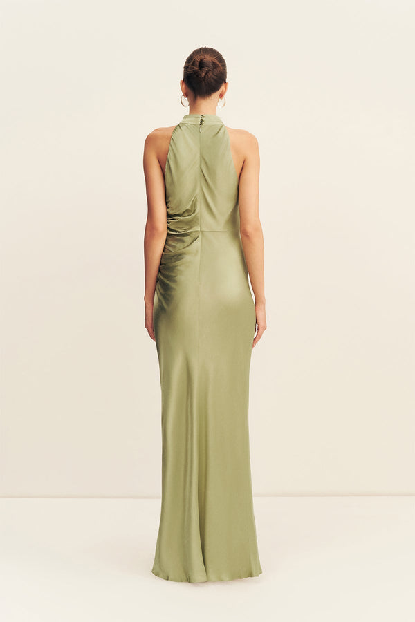 LA LUNE HIGH NECK GATHERED MAXI DRESS - FERN