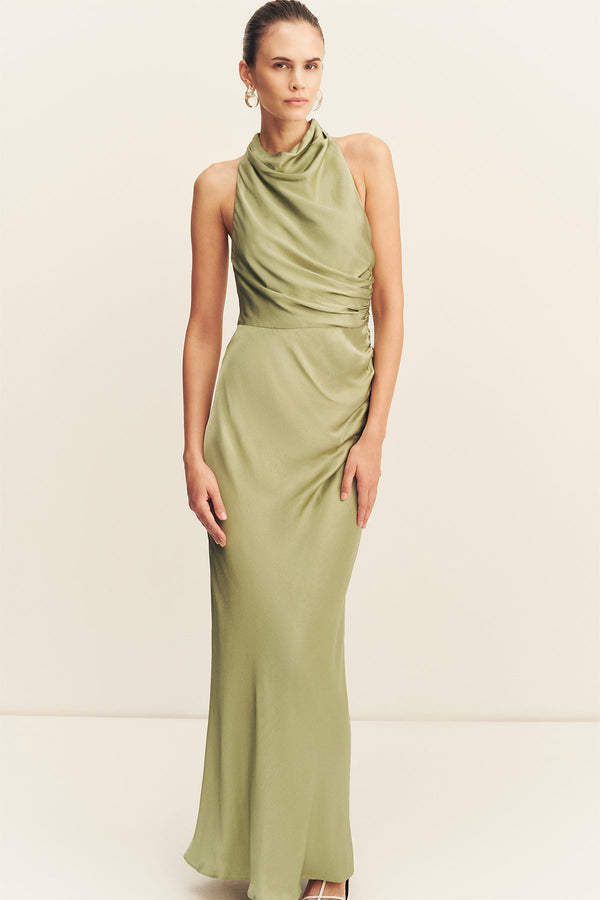 LA LUNE HIGH NECK GATHERED MAXI DRESS - FERN