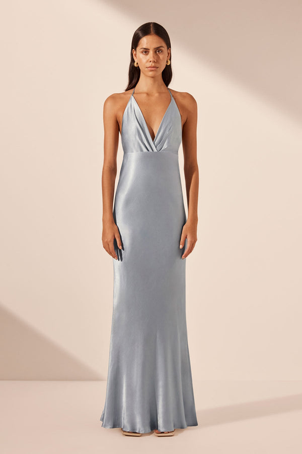 LA LUNE PLUNGED OPEN BACK HALTER MAXI DRESS - POWDER BLUE_F