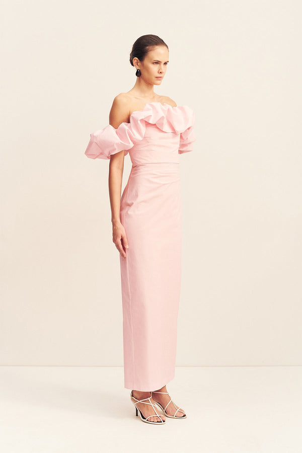 CAMPBELL OFF SHOULDER BUBBLE MAXI DRESS - BALLERINA