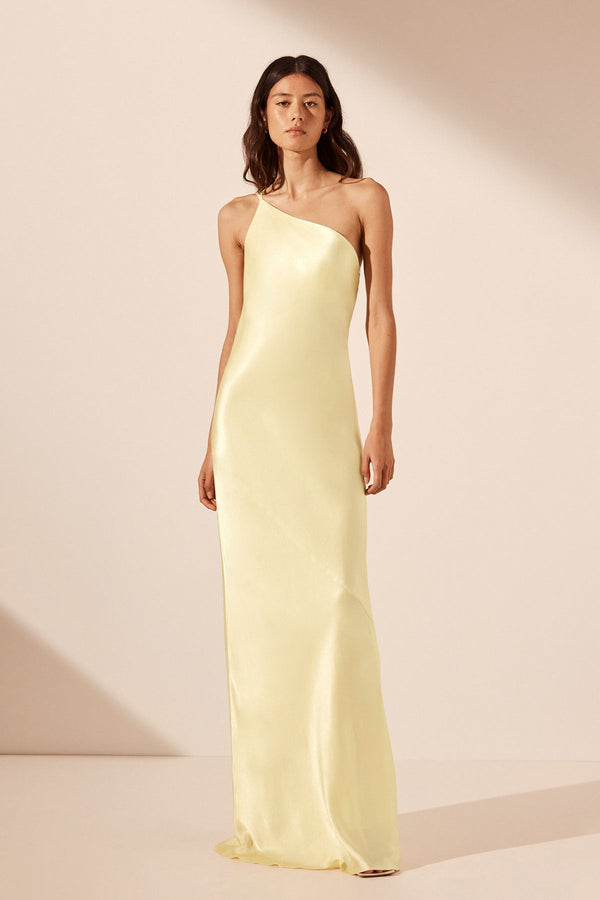La Lune One Shoulder Cowl Back Maxi Dress Lemon Dresses