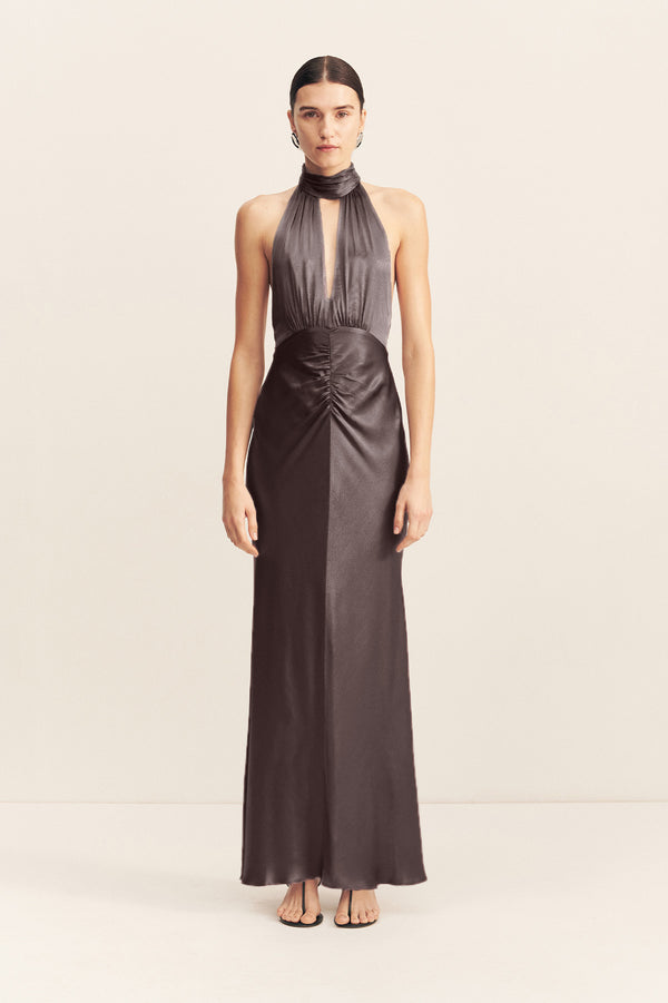 LA LUNE HALTER NECK MAXI DRESS - GRAPHITE_F