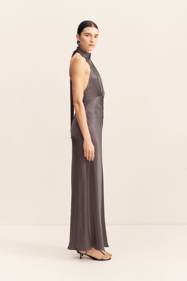 LA LUNE HALTER NECK MAXI DRESS - GRAPHITE