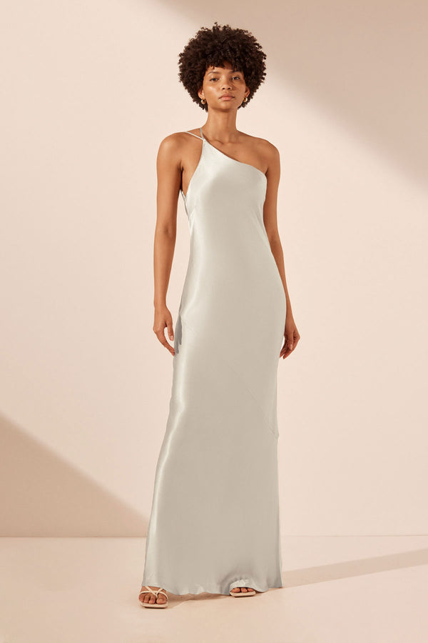 La Lune One Shoulder Cowl Back Maxi Dress Silver Dresses