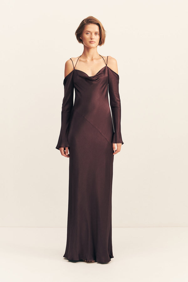 LA LUNE OFF SHOULDER TIE MAXI DRESS - ESPRESSO_F