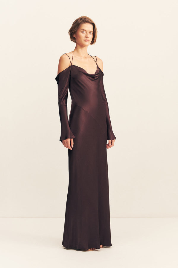 LA LUNE OFF SHOULDER TIE MAXI DRESS - ESPRESSO