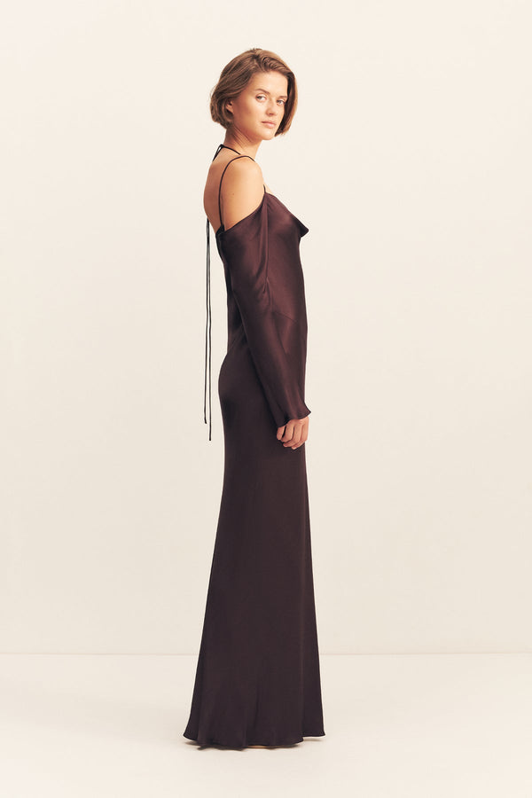 LA LUNE OFF SHOULDER TIE MAXI DRESS - ESPRESSO