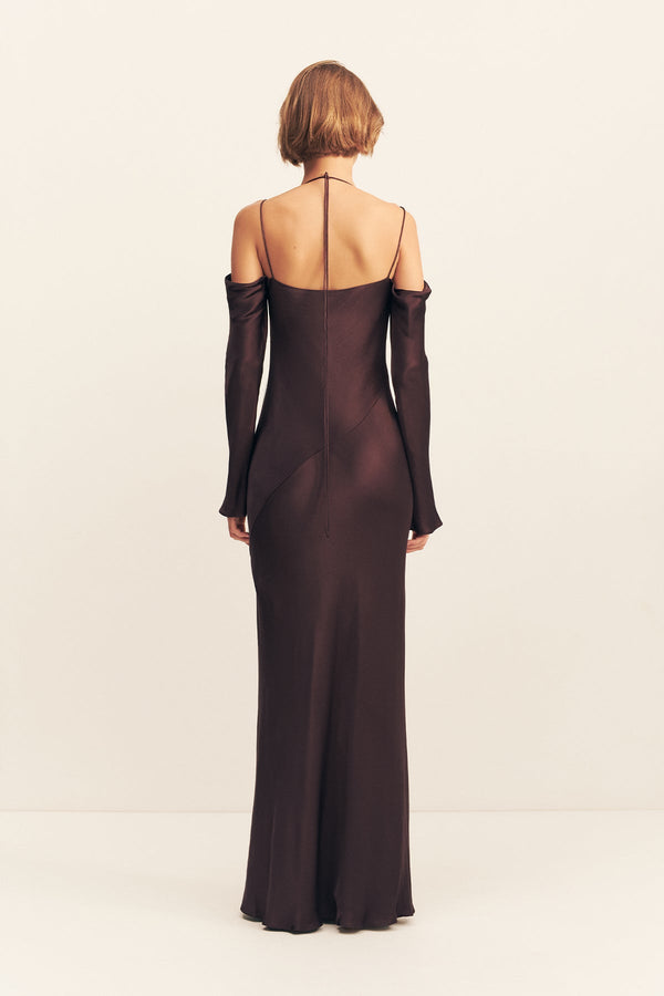 LA LUNE OFF SHOULDER TIE MAXI DRESS - ESPRESSO
