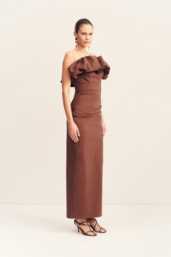 CAMPBELL STRAPLESS BUBBLE MAXI DRESS - ESPRESSO
