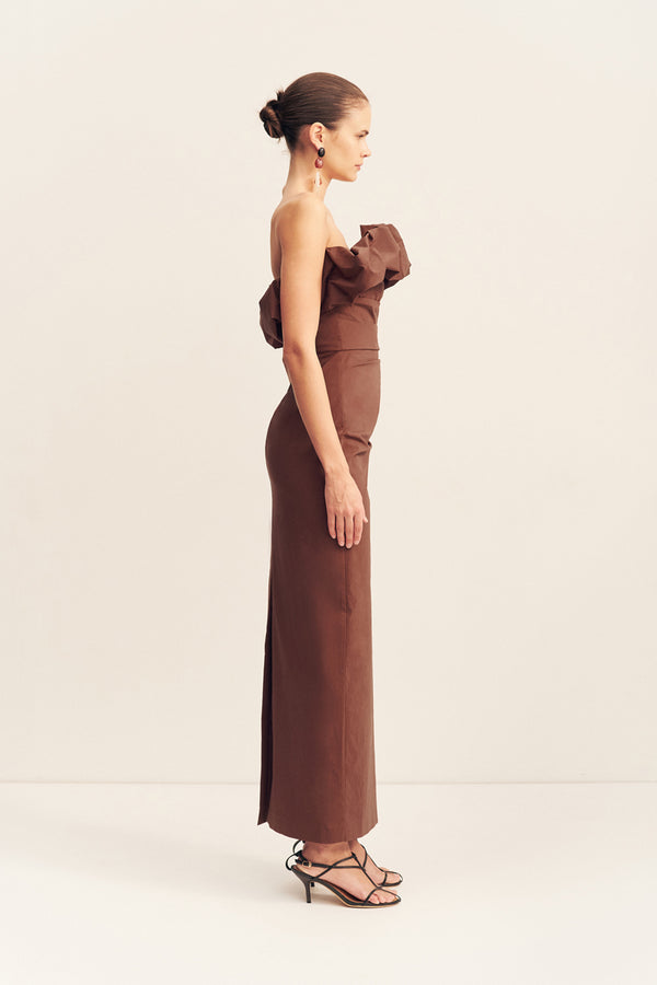 CAMPBELL STRAPLESS BUBBLE MAXI DRESS - ESPRESSO