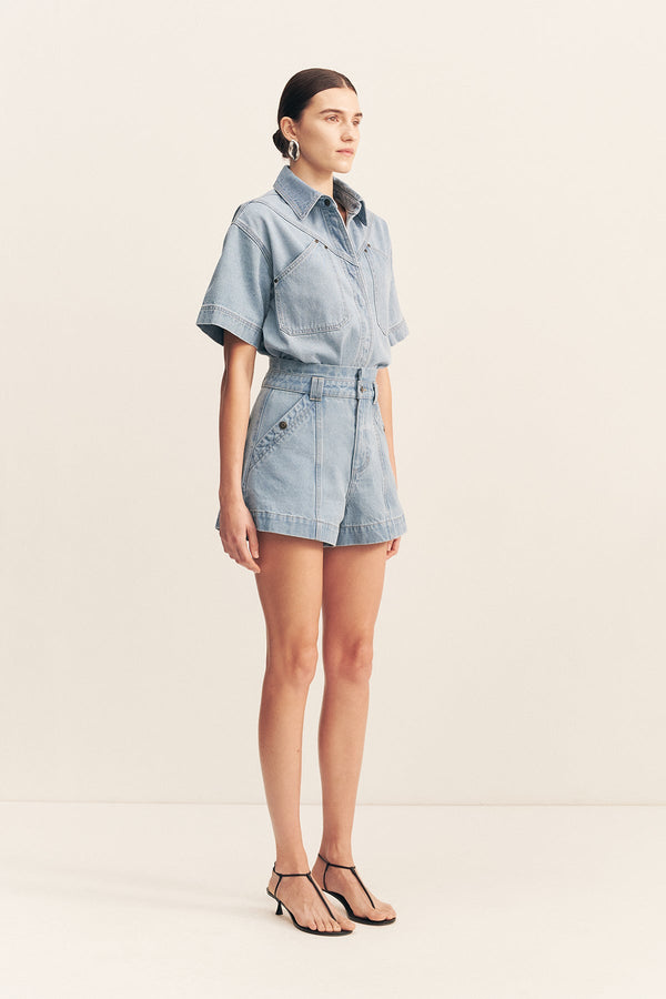 STELLA HIGH WAISTED FLARED SHORT - MID BLUE_A