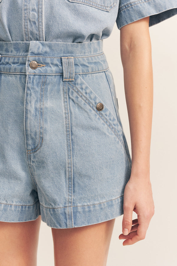 STELLA HIGH WAISTED FLARED SHORT - MID BLUE_D