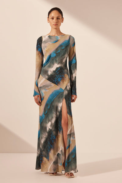 Jardin Silk Backless Split Maxi Dress | Aqua/Multi | Dresses