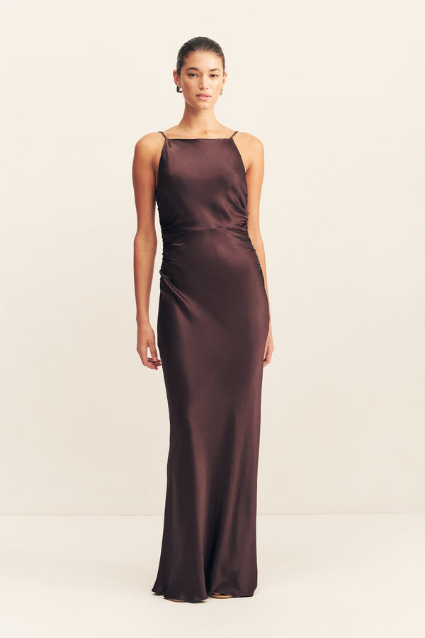 LA LUNE HIGH NECK RUCHED MAXI DRESS - ESPRESSO_F