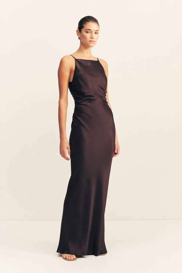 LA LUNE HIGH NECK RUCHED MAXI DRESS - ESPRESSO