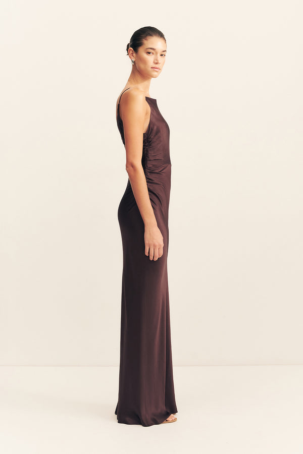 LA LUNE HIGH NECK RUCHED MAXI DRESS - ESPRESSO