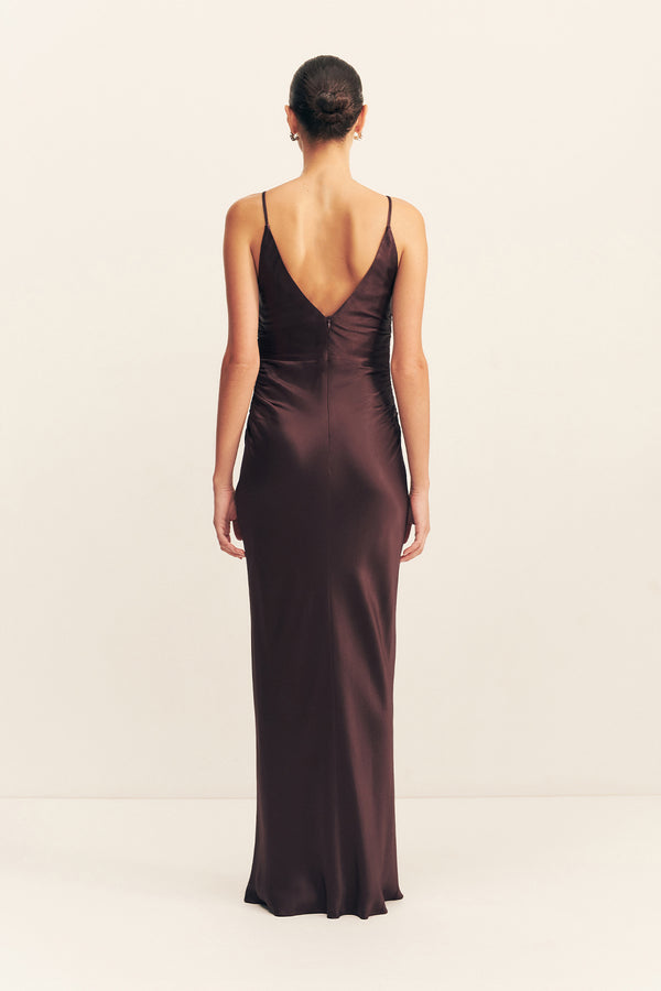 LA LUNE HIGH NECK RUCHED MAXI DRESS - ESPRESSO