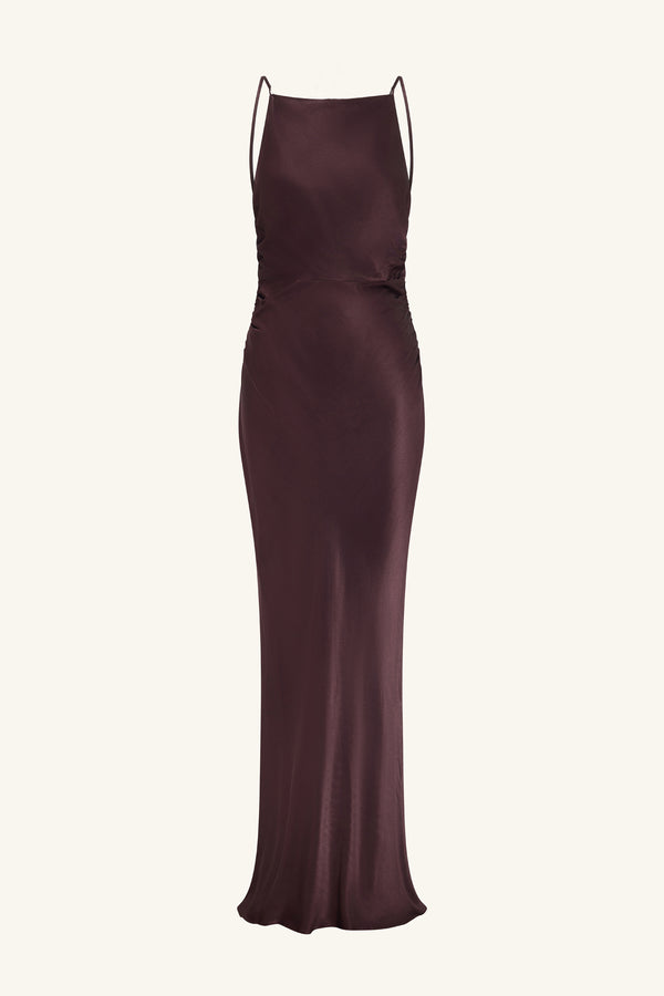 LA LUNE HIGH NECK RUCHED MAXI DRESS - ESPRESSO_G