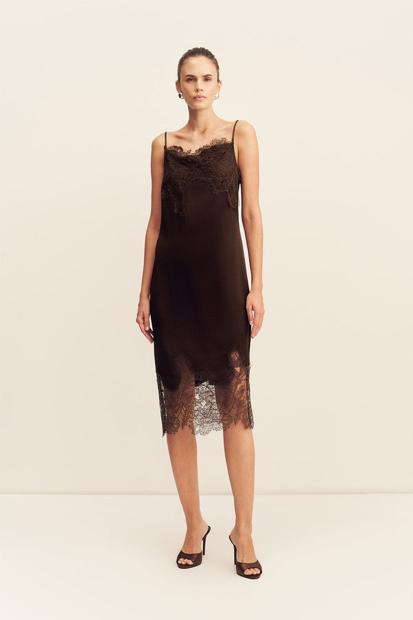LUCIA LACE SLIP MIDI DRESS - ESPRESSO