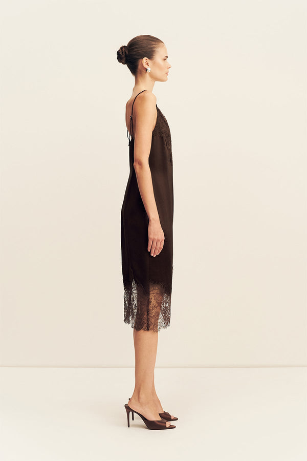 LUCIA LACE SLIP MIDI DRESS - ESPRESSO