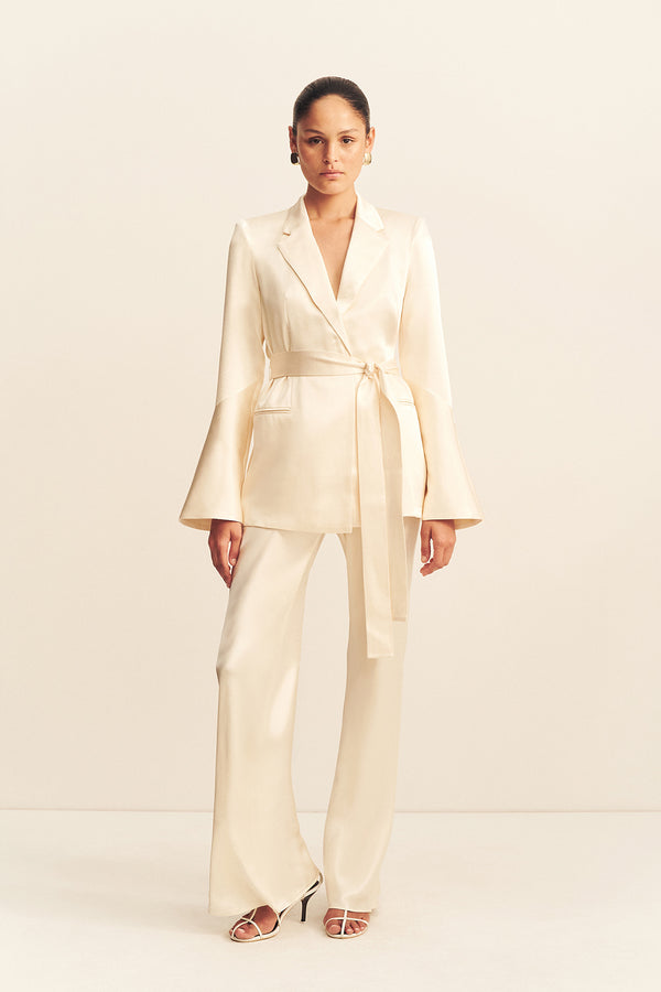 LA LUNE FLARED SLEEVE BELTED BLAZER - CREAM_F