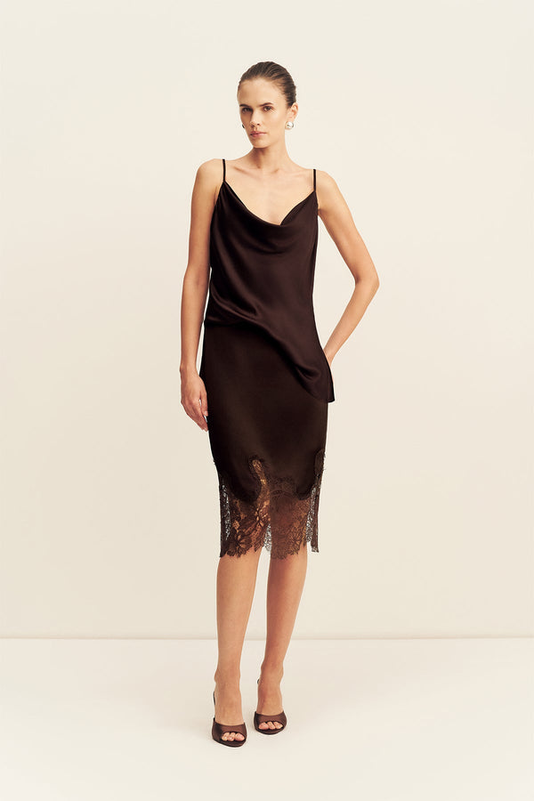 LUCIA LACE KNEE LENGTH SKIRT - ESPRESSO