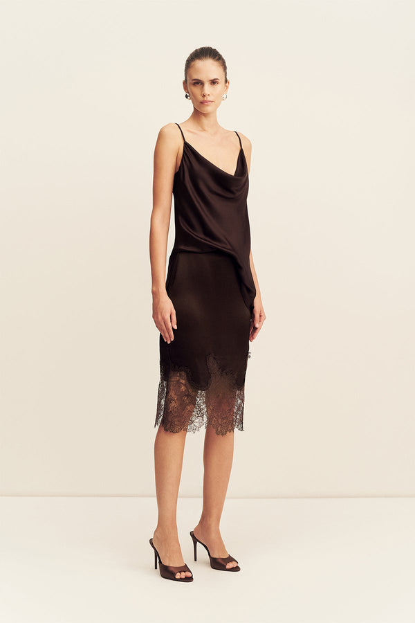 LUCIA LACE KNEE LENGTH SKIRT - ESPRESSO