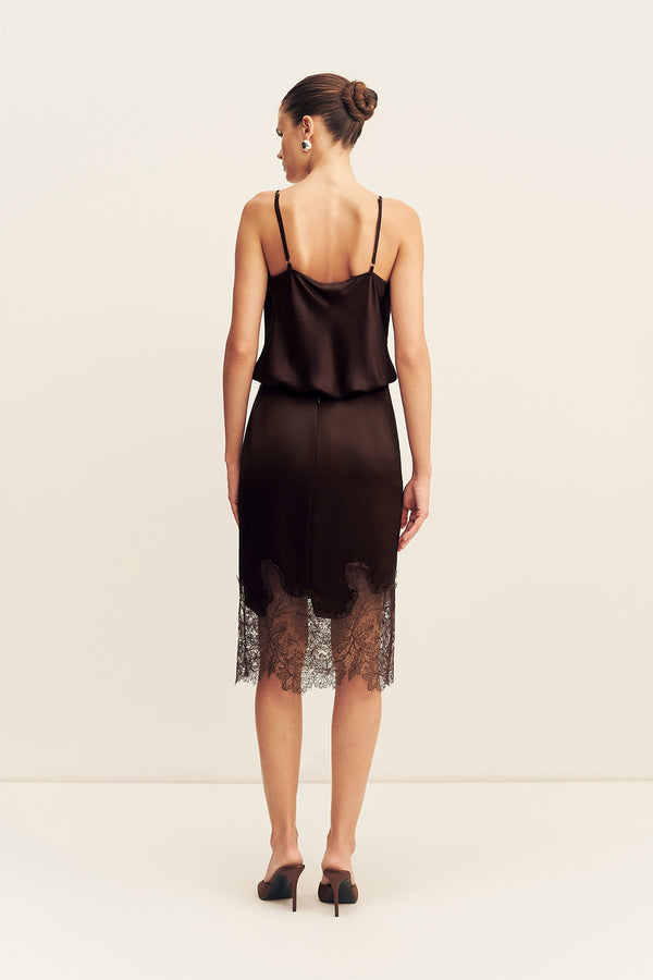 LUCIA LACE KNEE LENGTH SKIRT - ESPRESSO