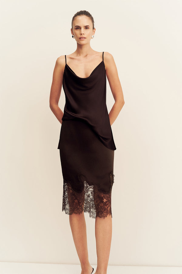LUCIA LACE KNEE LENGTH SKIRT - ESPRESSO
