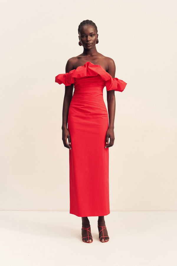 red ruffle long dress Shona Joy - Campbell Ruffle Draped Maxi Dress - Goji