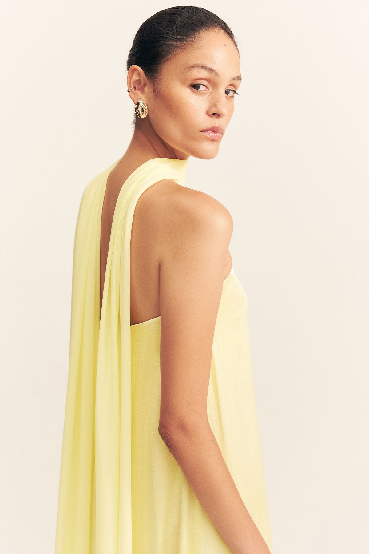 shona joy yellow bridesmaid dress Shona Joy - La Lune High Cowl Open Back Maxi Dress - Lemon