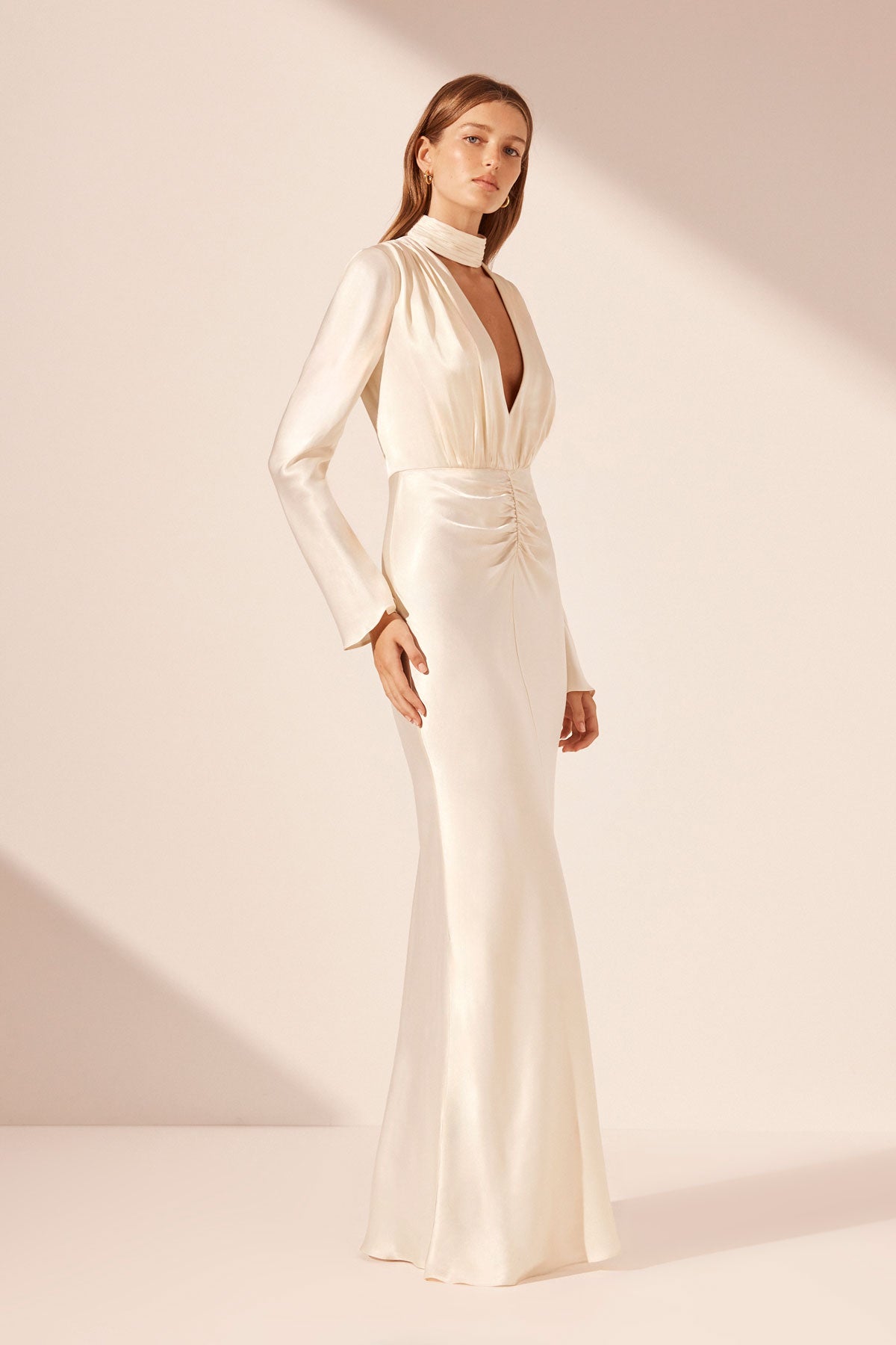 Maxi Dress Long Gown Cream Color LA LUNE PLUNGED LONG SLEEVE MAXI
