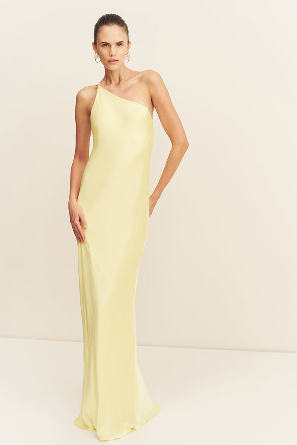 LA LUNE ONE SHOULDER COWL BACK MAXI DRESS - LEMON