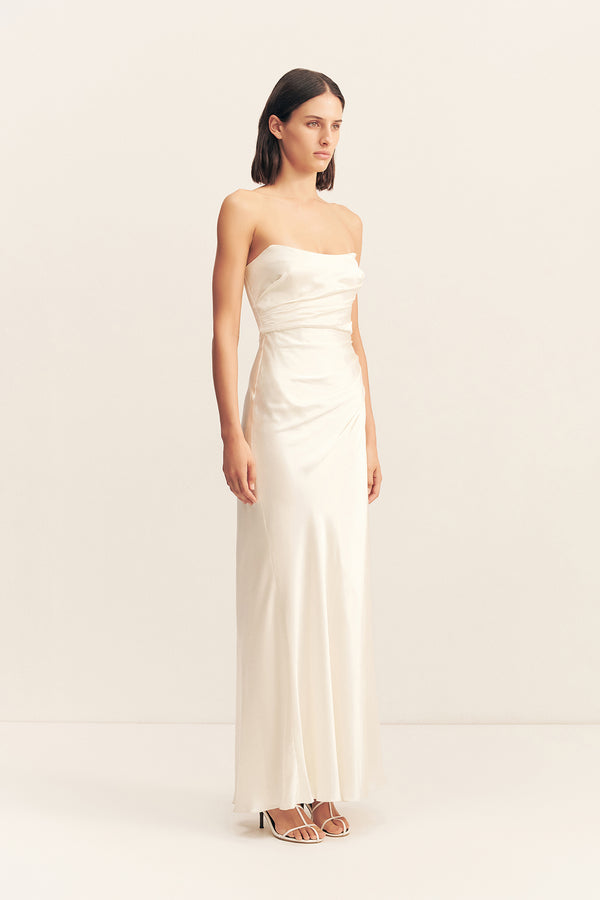 white corset dress long Shona Joy - La Lune Cumulus Silk Strapless Corset Gown - Ivory