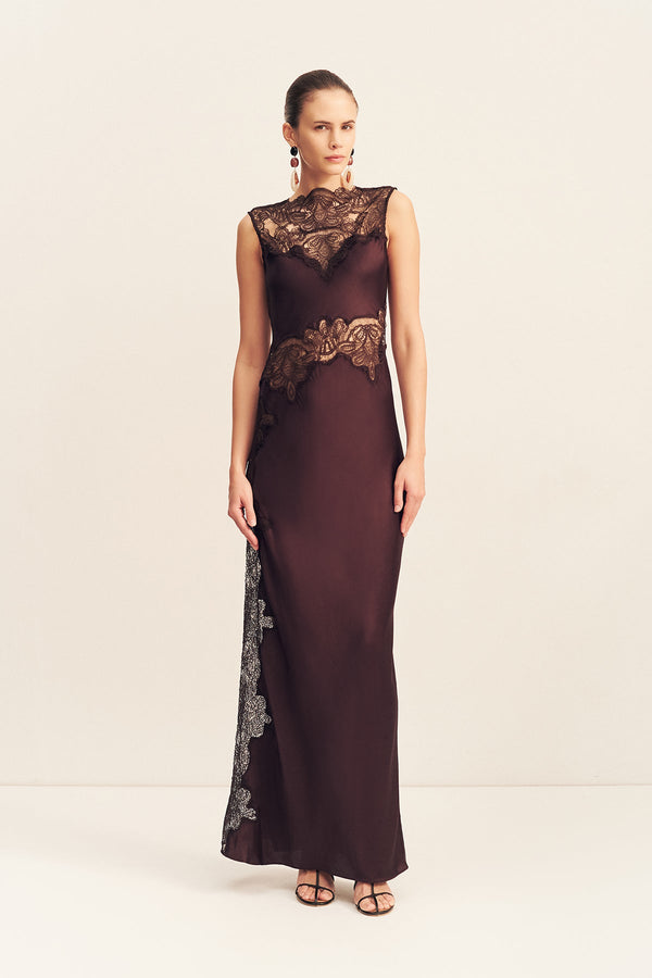 JAMILA LACE HIGH NECK MAXI DRESS - ESPRESSO_F