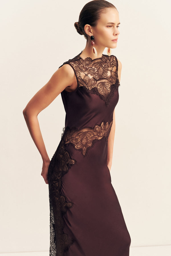 JAMILA LACE HIGH NECK MAXI DRESS - ESPRESSO