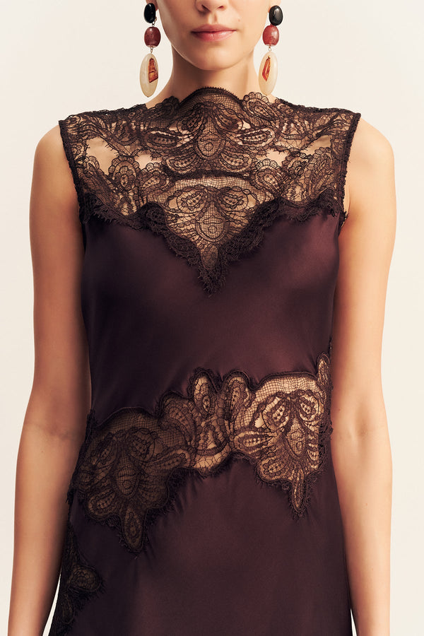 JAMILA LACE HIGH NECK MAXI DRESS - ESPRESSO