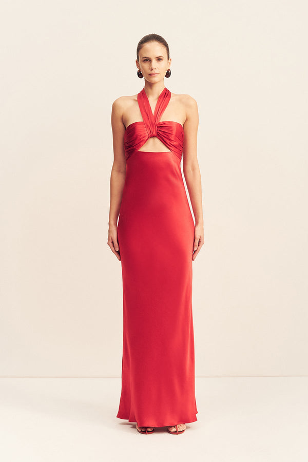 TATUM RUCHED HALTER MAXI DRESS - GRENADINE_F